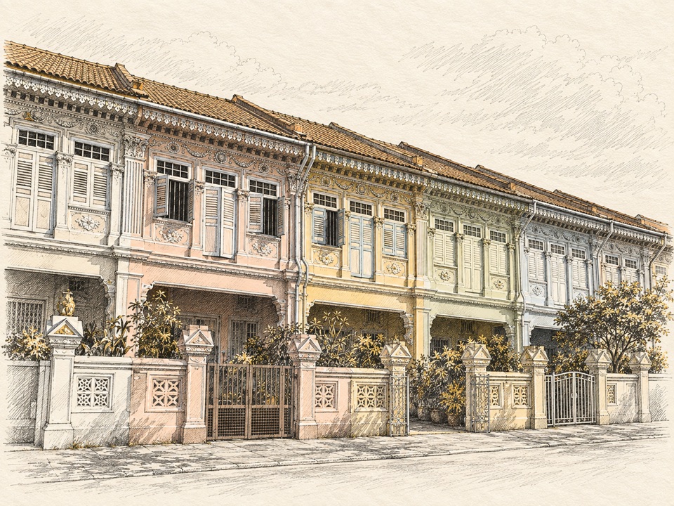 Architectural sketch of Peranakan shophouses in Katong