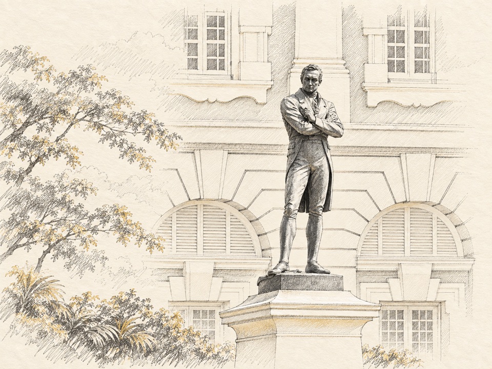 Architectural sketch of the Sir Stamford Raffles statue in Singapore