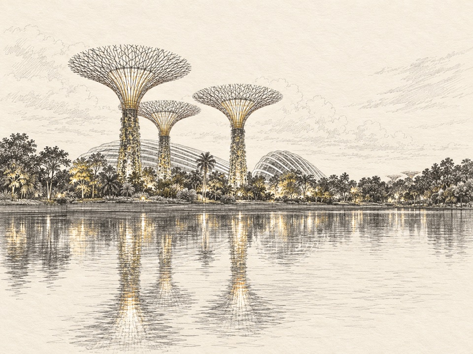 Architectural sketch of the Supertree Grove at Gardens by the Bay